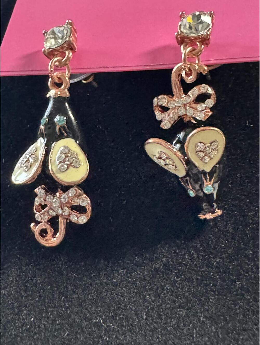 Betsey Johnson Black, Gold and White Crystal Floral Drop Earrings - Picture 2 of 2